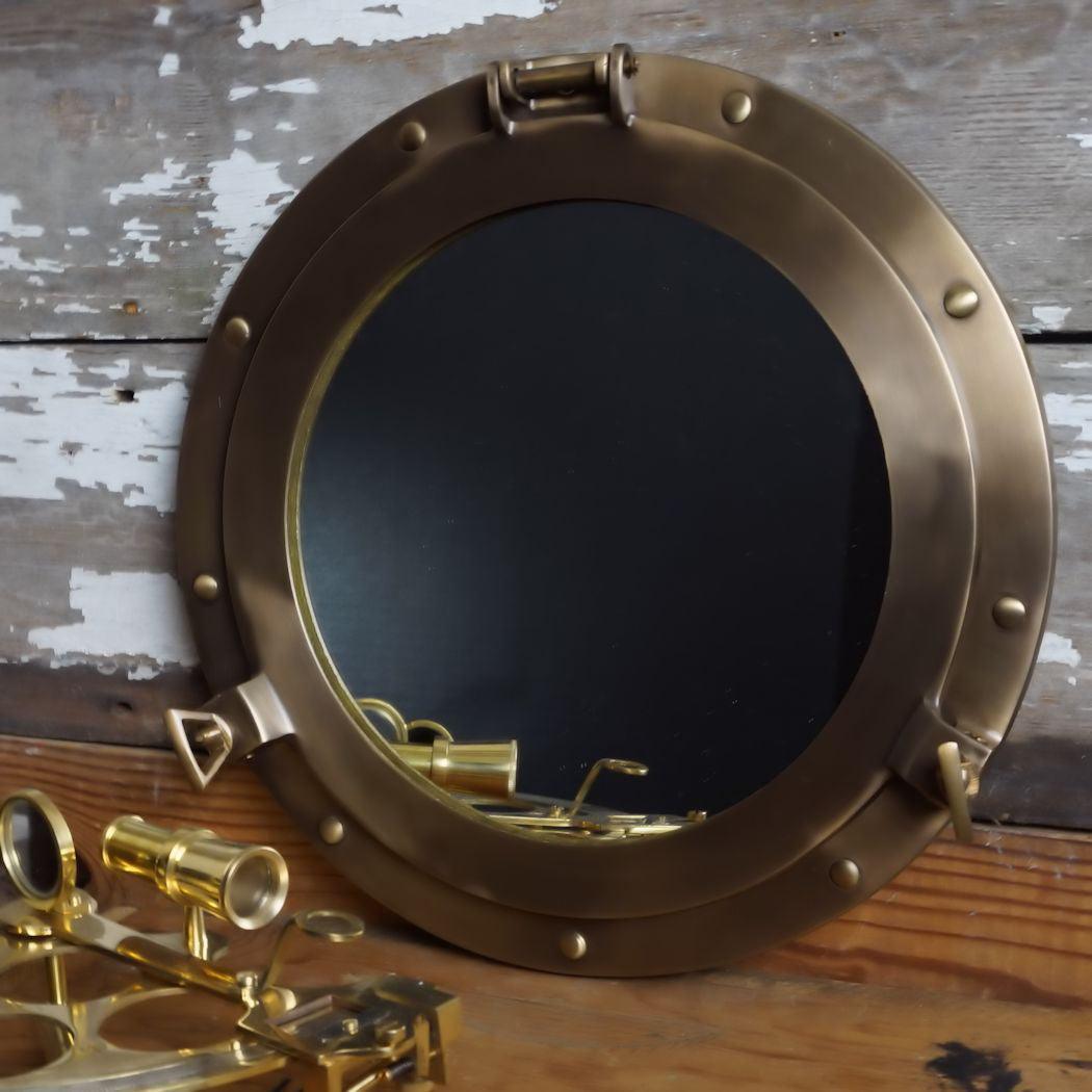 Modern Antiqued Brass Porthole Mirror 12-Inch - Doozie Light Studio