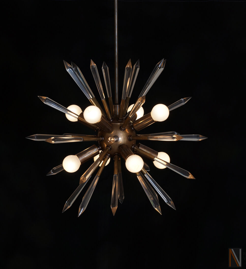 Mid century Modern Brass & Acrylic Crystal Rock Sputnik Chandelier Light Fixture - Doozie Light Studio