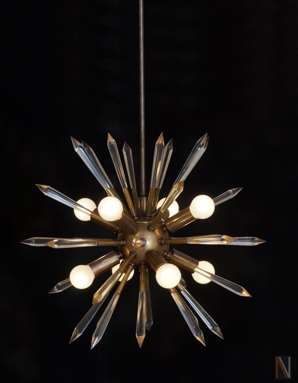 Mid century Modern Brass & Acrylic Crystal Rock Sputnik Chandelier Light Fixture - Doozie Light Studio