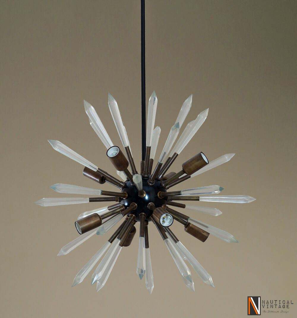 Modern Patina Brass & Acrylic Crystal Sputnik Chandelier Light Fixture - Doozie Light Studio