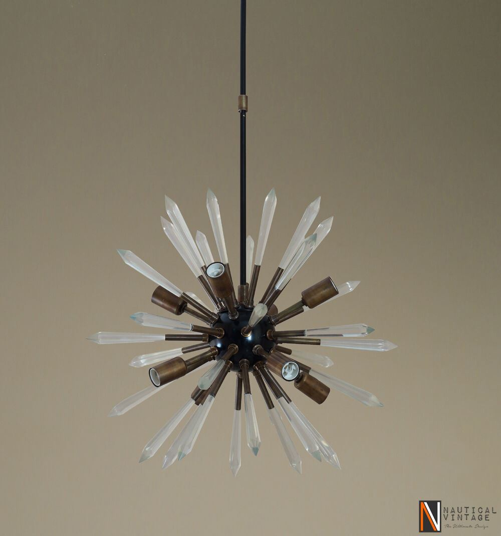 Modern Patina Brass & Acrylic Crystal Sputnik Chandelier Light Fixture - Doozie Light Studio