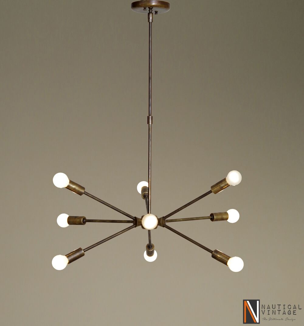 Mid century modern brass chandelier light - Industrial Hanging Light Fixture - Doozie Light Studio