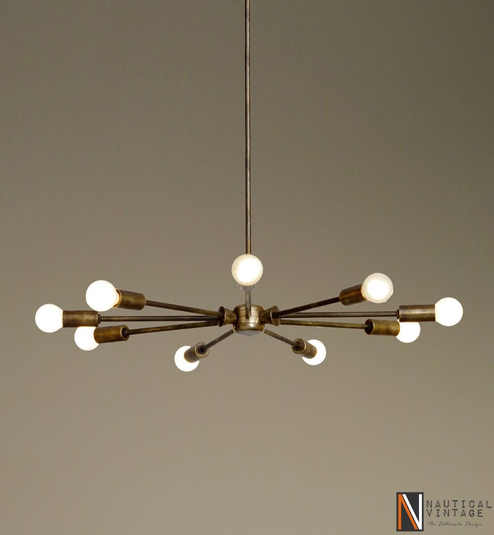 Mid century modern brass chandelier light - Industrial Hanging Light Fixture - Doozie Light Studio