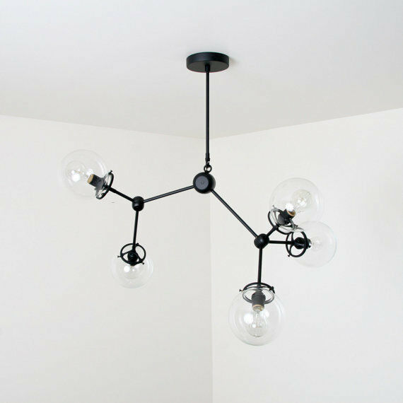 Mid century style modern black brass Light Fixture - 5 Glass Globe Chandelier - Doozie Light Studio