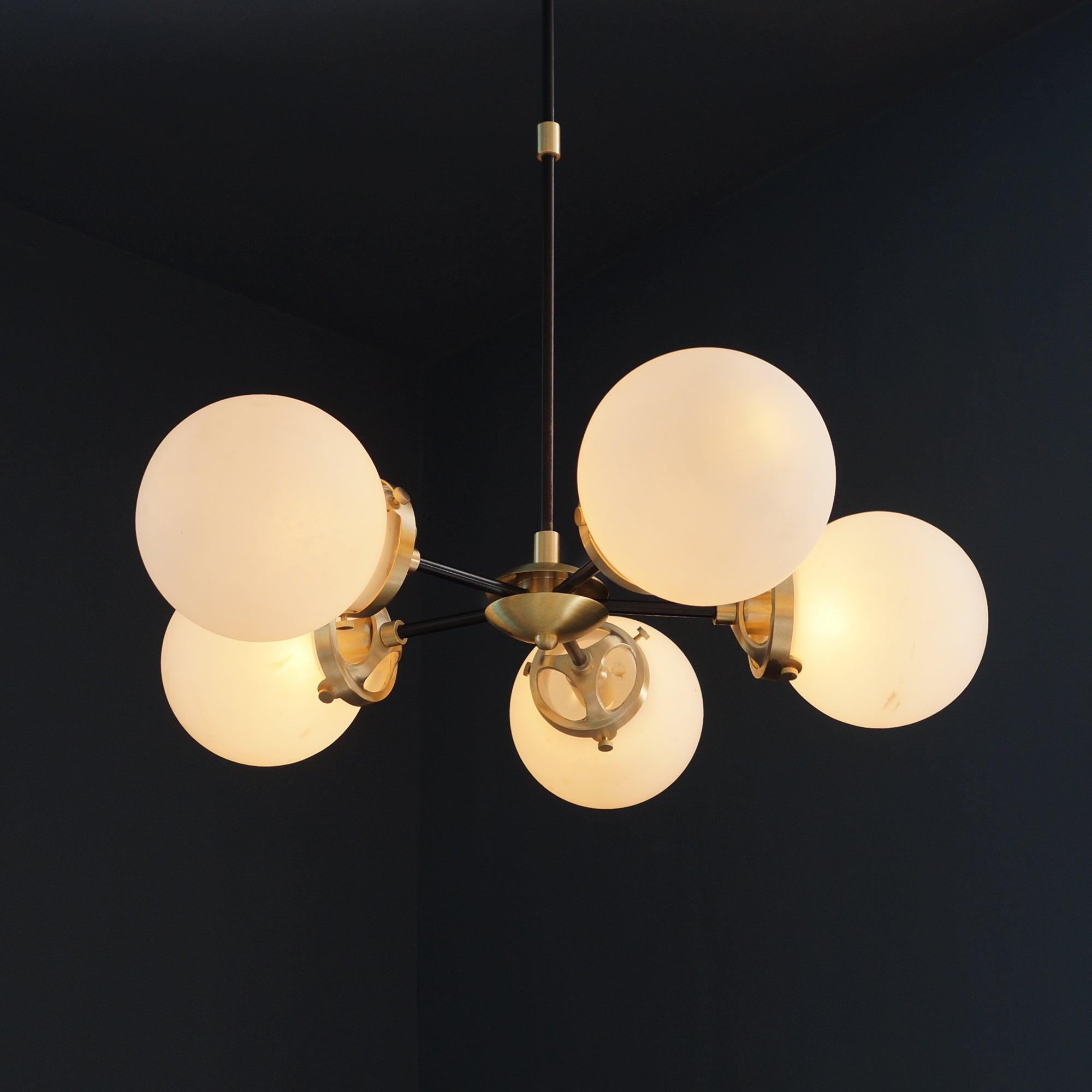Modern Brass 5 Bulbs Glass Globe Sputnik Chandelier Light Fixture - Doozie Light Studio
