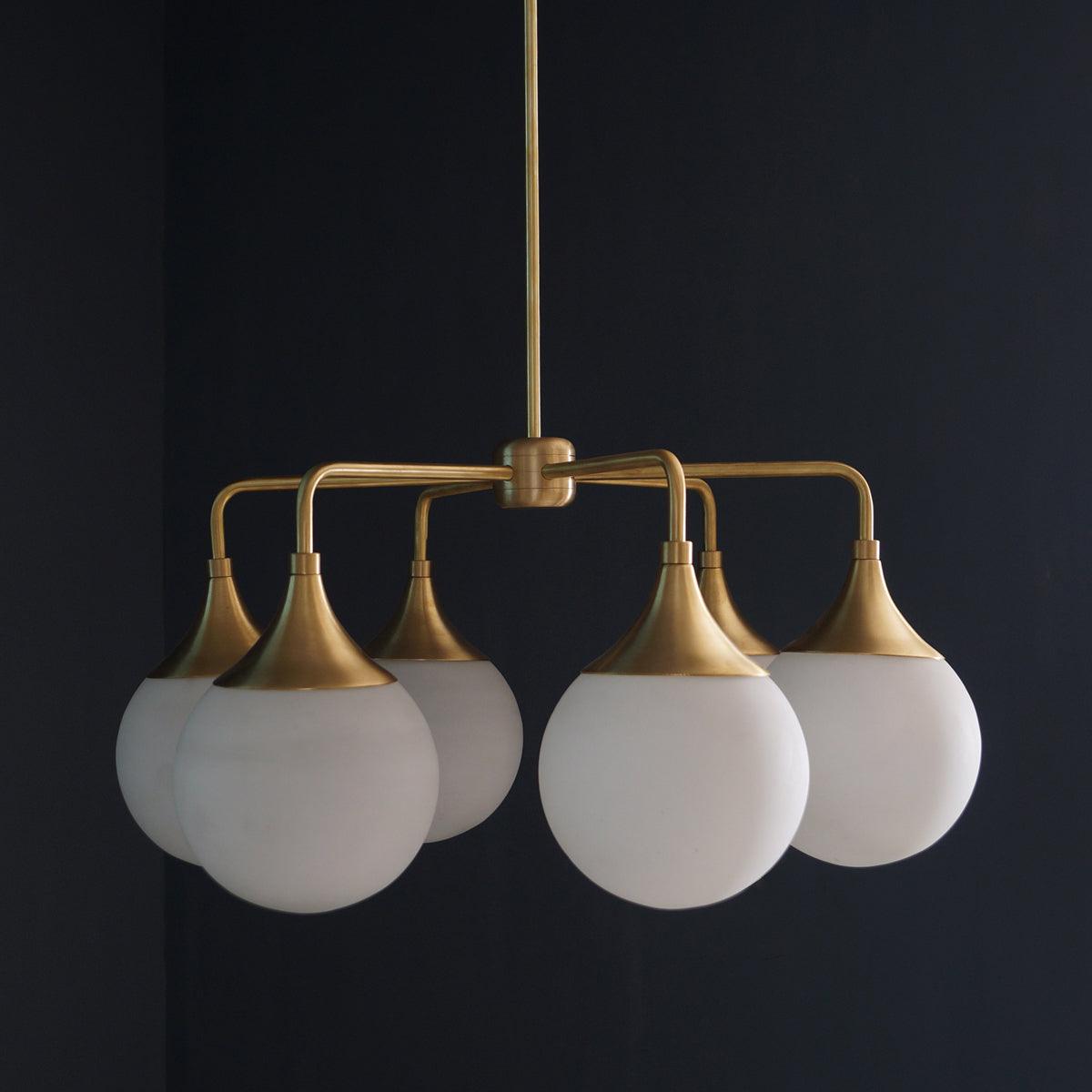 Modern Brass 6 Bulbs Glass Globe Trumpet Chandelier - Doozie Light Studio