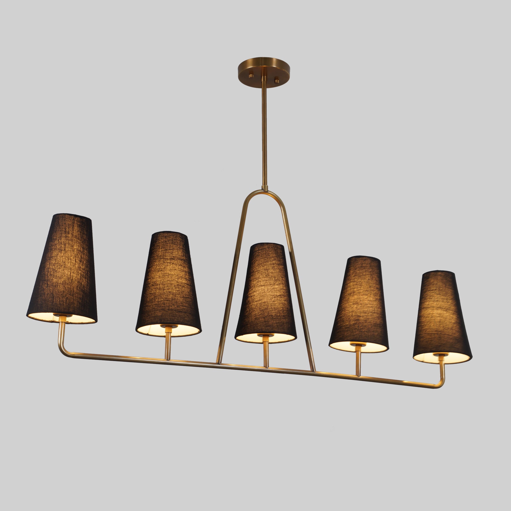 Five Linen Shade Linear Light Brass Chandelier Fixture - Doozie Light Studio