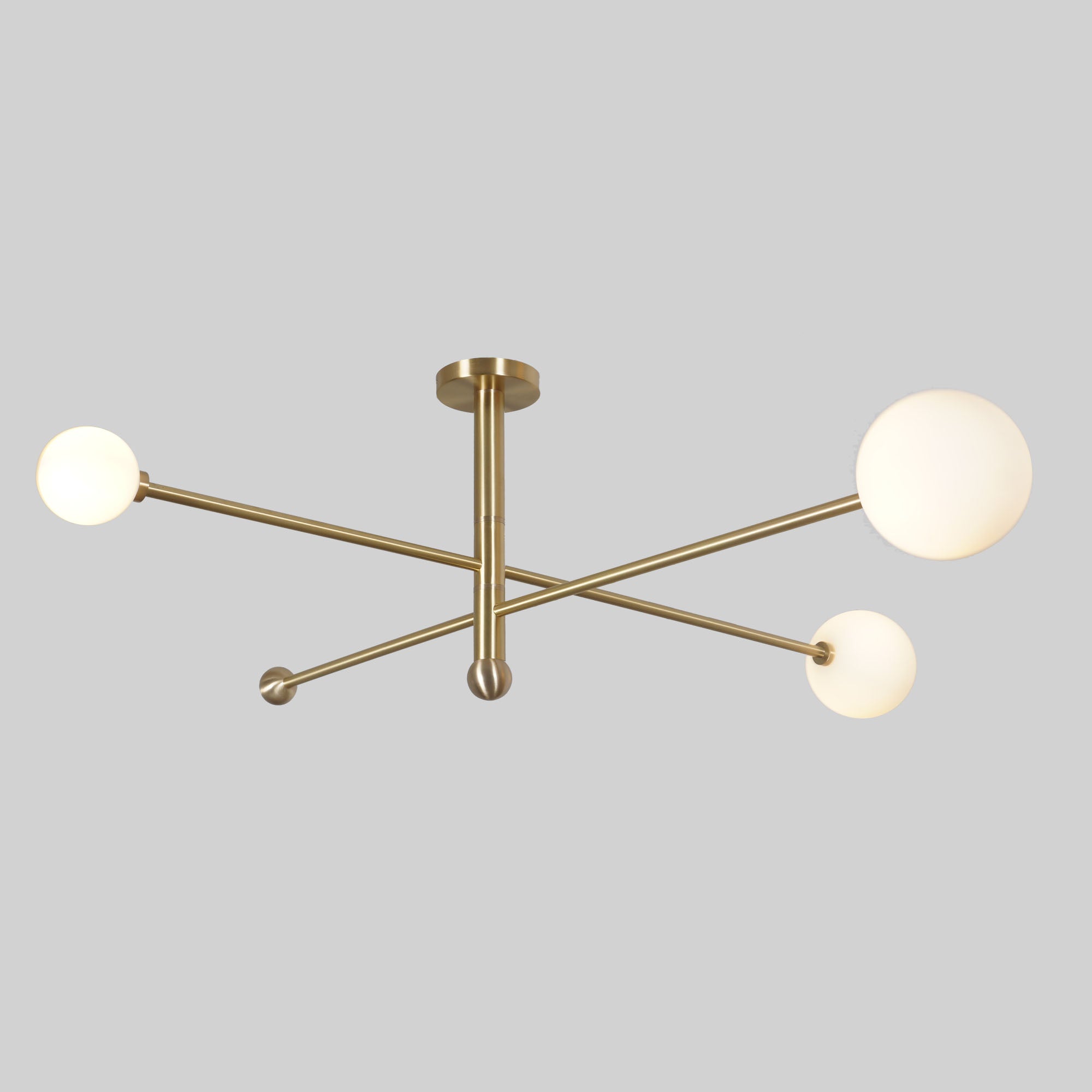 Three Globe Light Brass Linear Sputnik Chandelier - Doozie Light Studio
