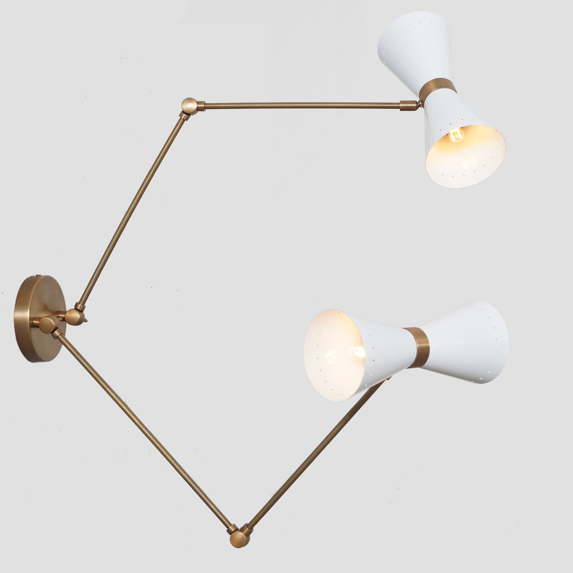 Brass Articulated Arm Double Shade Wall Lamp - Doozie Light Studio