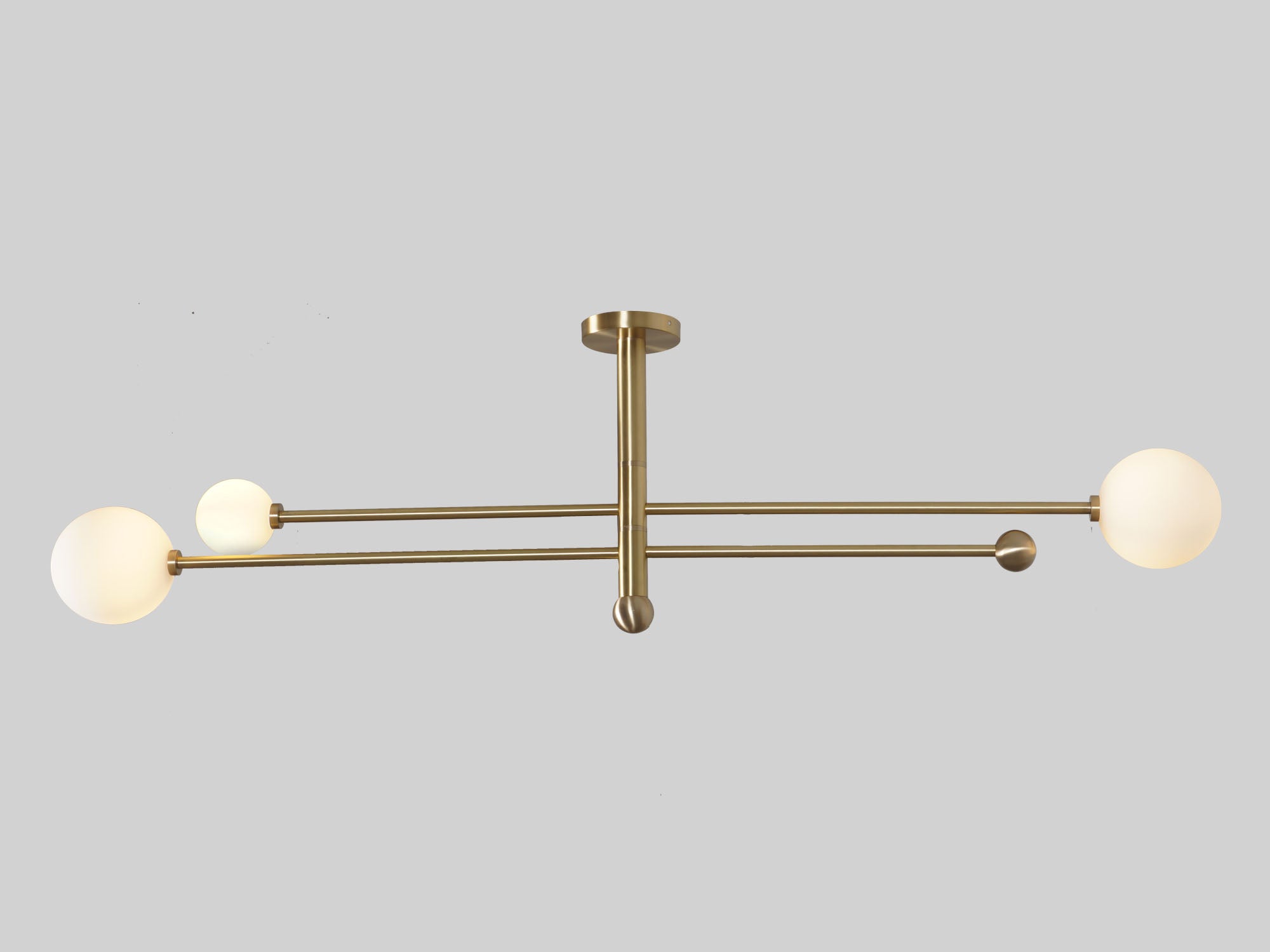 Three Globe Light Brass Linear Sputnik Chandelier - Doozie Light Studio