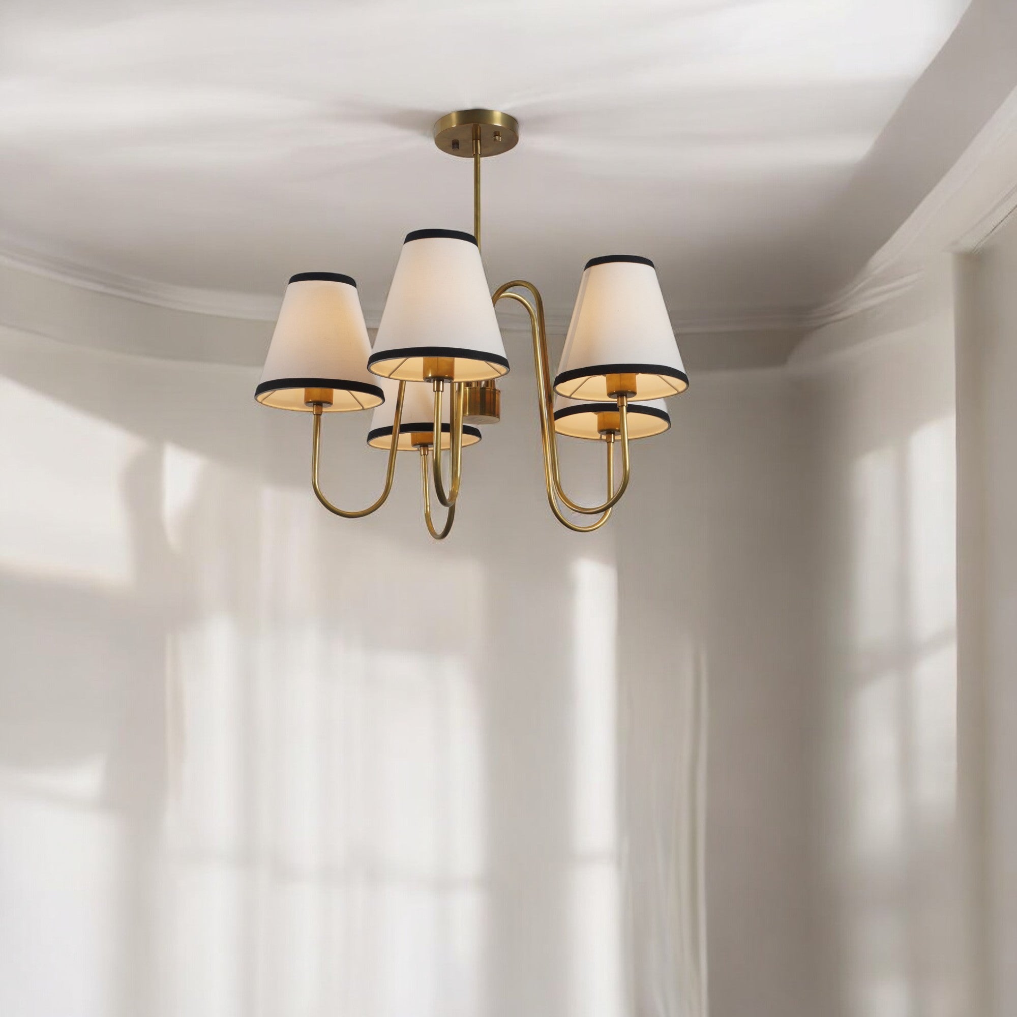 Five Linen Shade Light Brass Chandelier Fixture - Doozie Light Studio