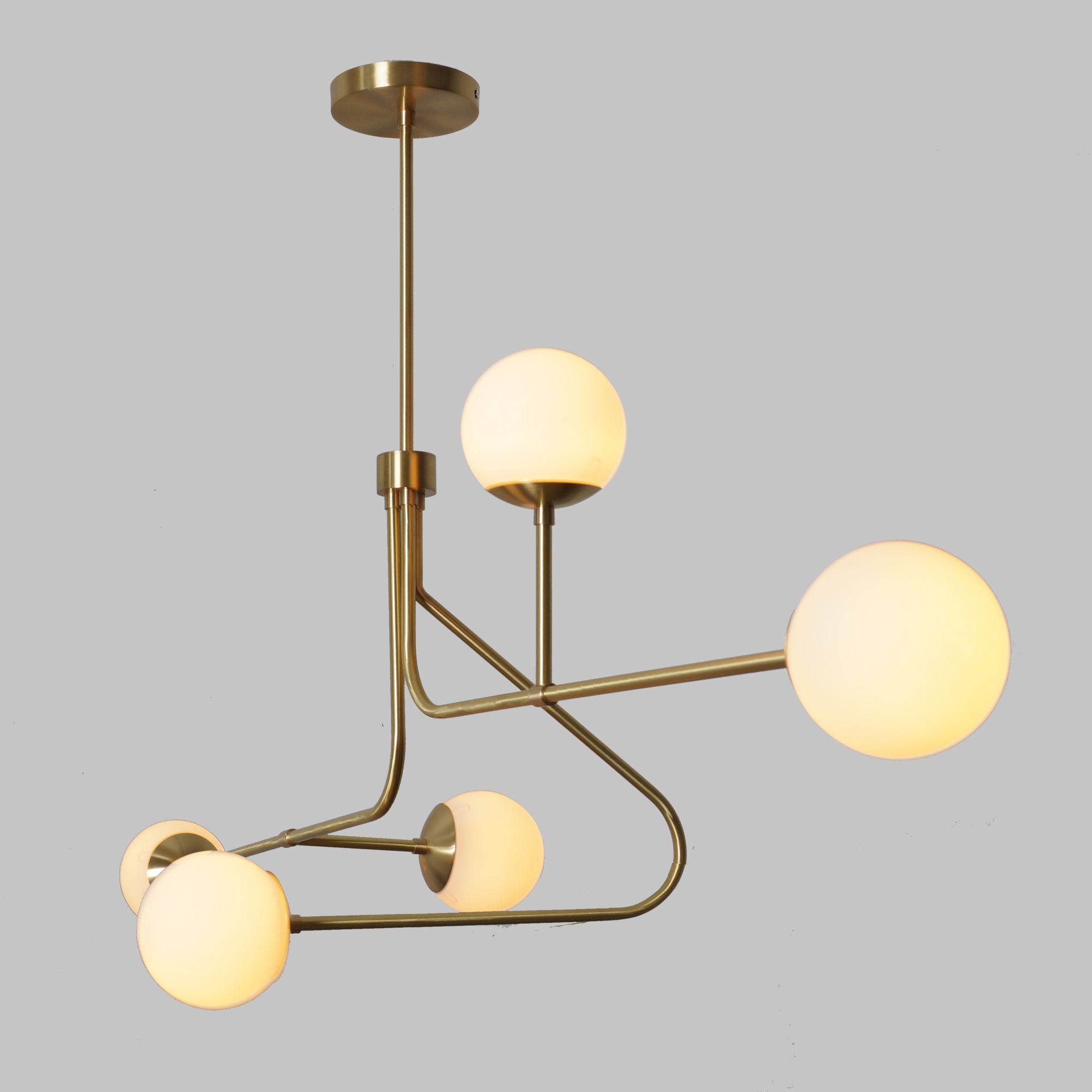 Five Globe Brass Sputnik Linear Chandelier Light Fixture - Doozie Light Studio