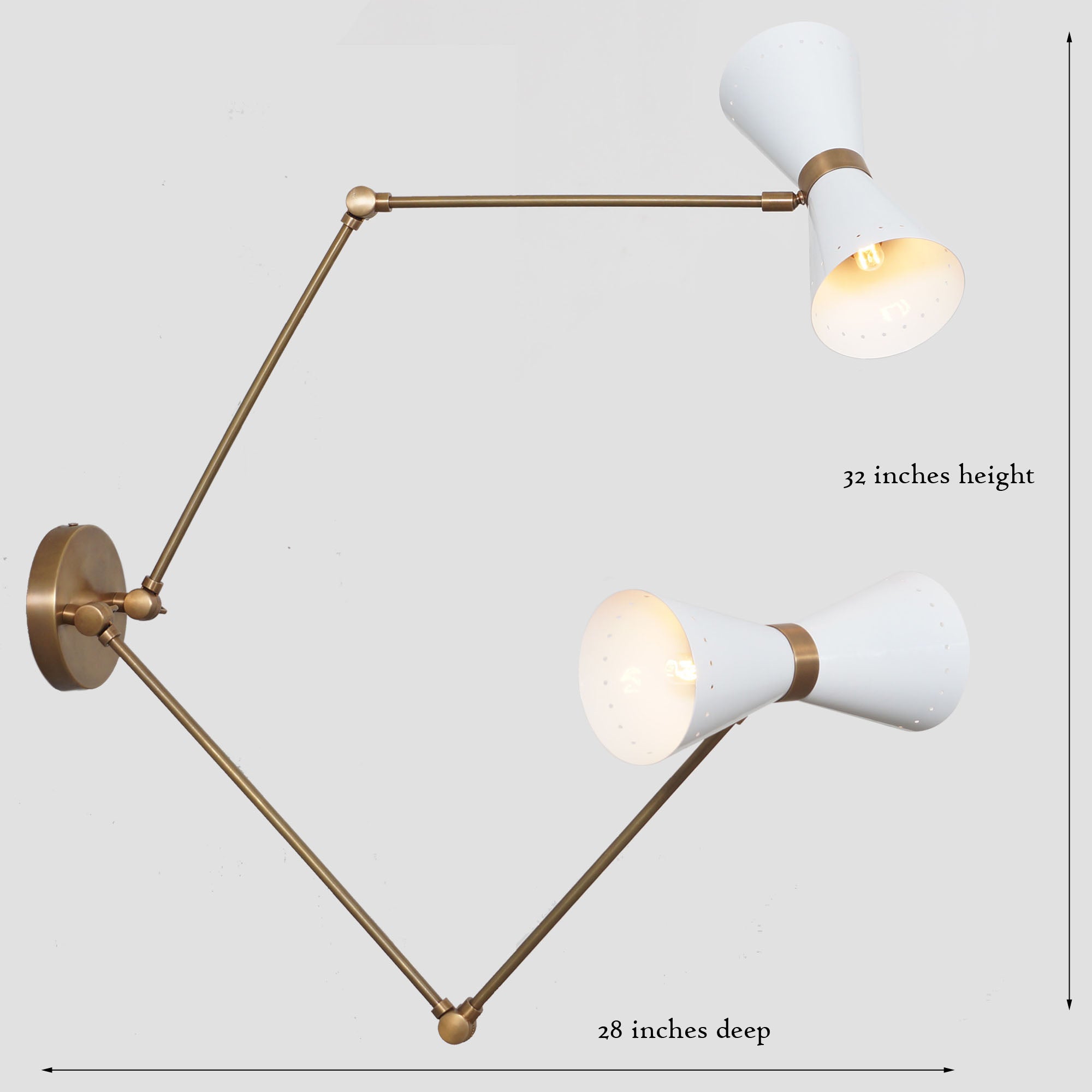 Brass Articulated Arm Double Shade Wall Lamp - Doozie Light Studio