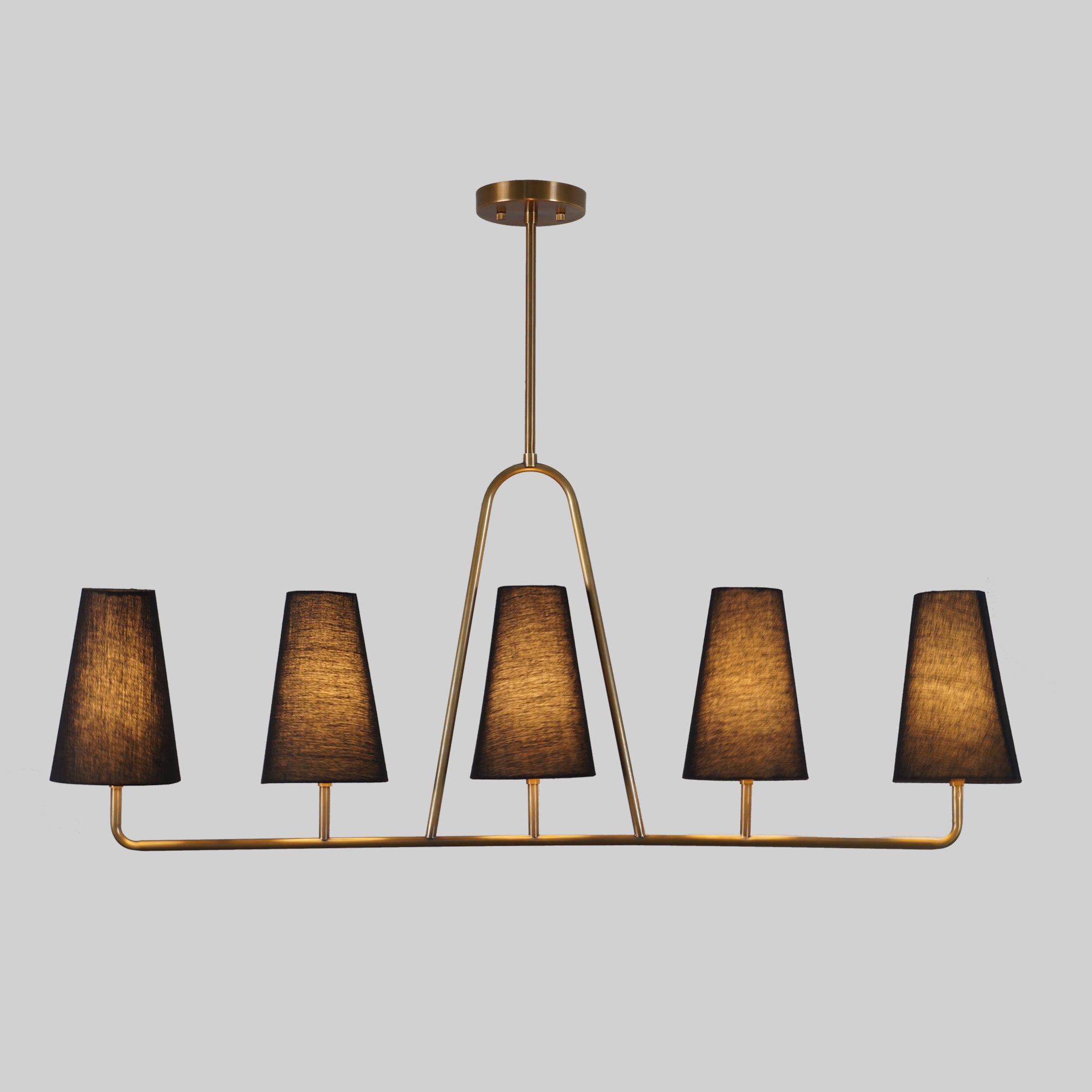 Five Linen Shade Linear Light Brass Chandelier Fixture - Doozie Light Studio