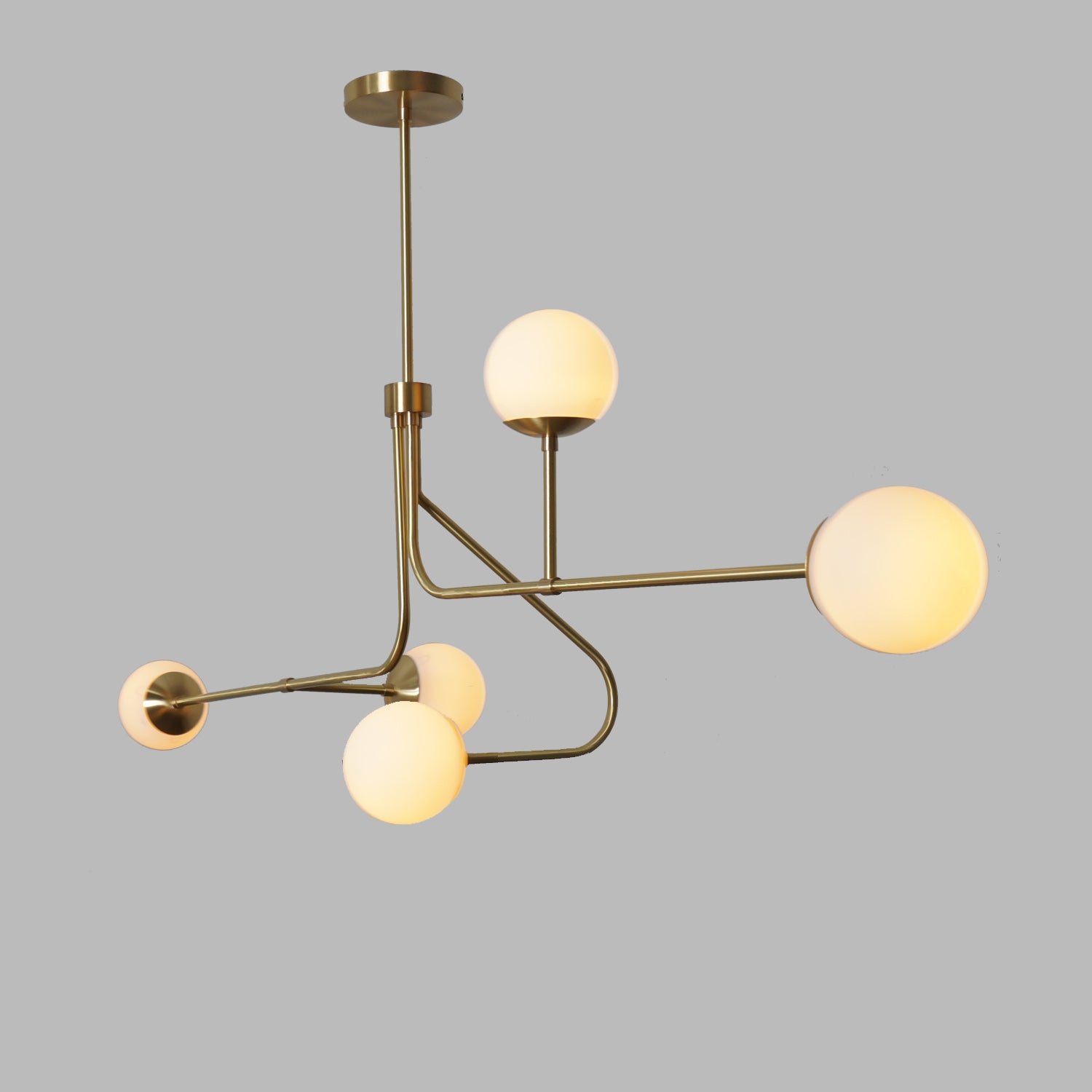 Five Globe Brass Sputnik Linear Chandelier Light Fixture - Doozie Light Studio