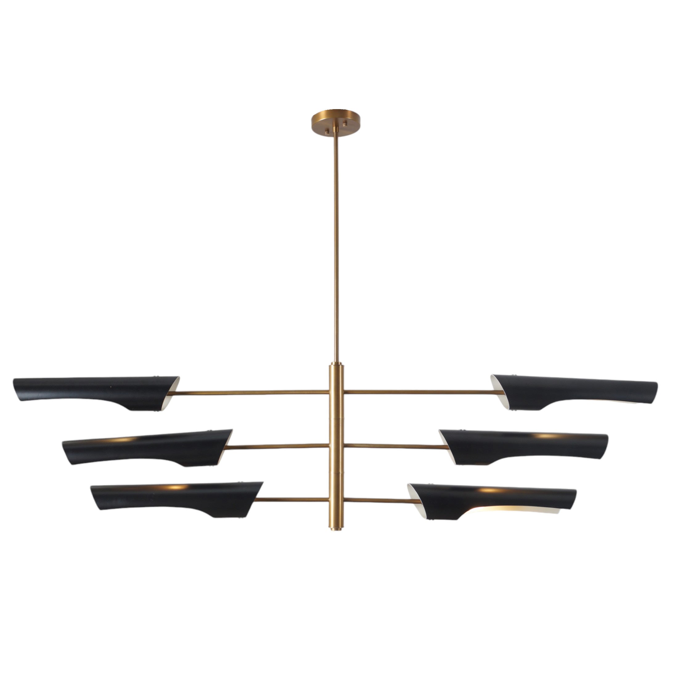 Modern Brass Six Shade Three Tired Sputnik Chandelier - Doozie Light Studio