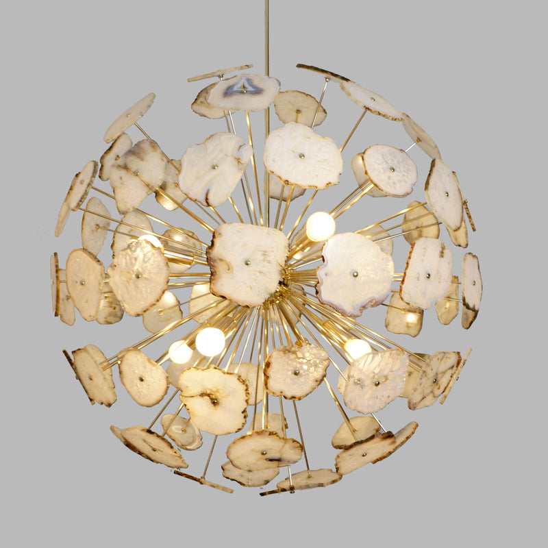 Modern Brass Large Agate Sliced Orb Chandelier