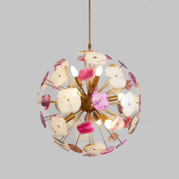 Modern Brass Multi Color Agate Sliced Orb Chandelier - 22"D