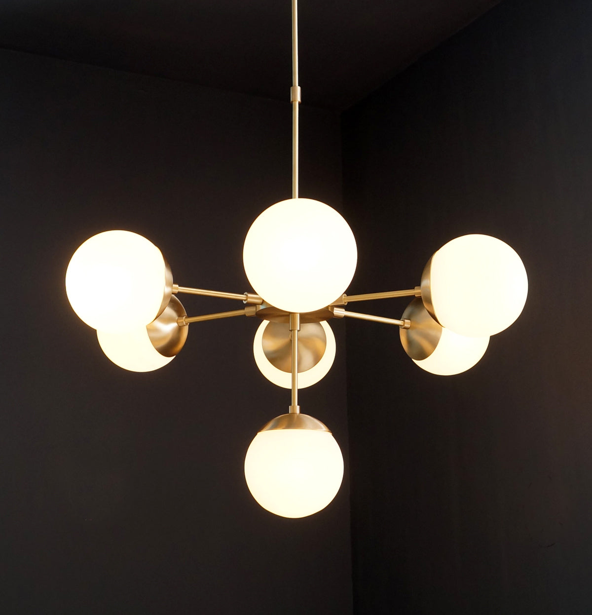 Modern Brass 7 Bulbs Glass Globe Trumpet Chandelier - Doozie Light Studio