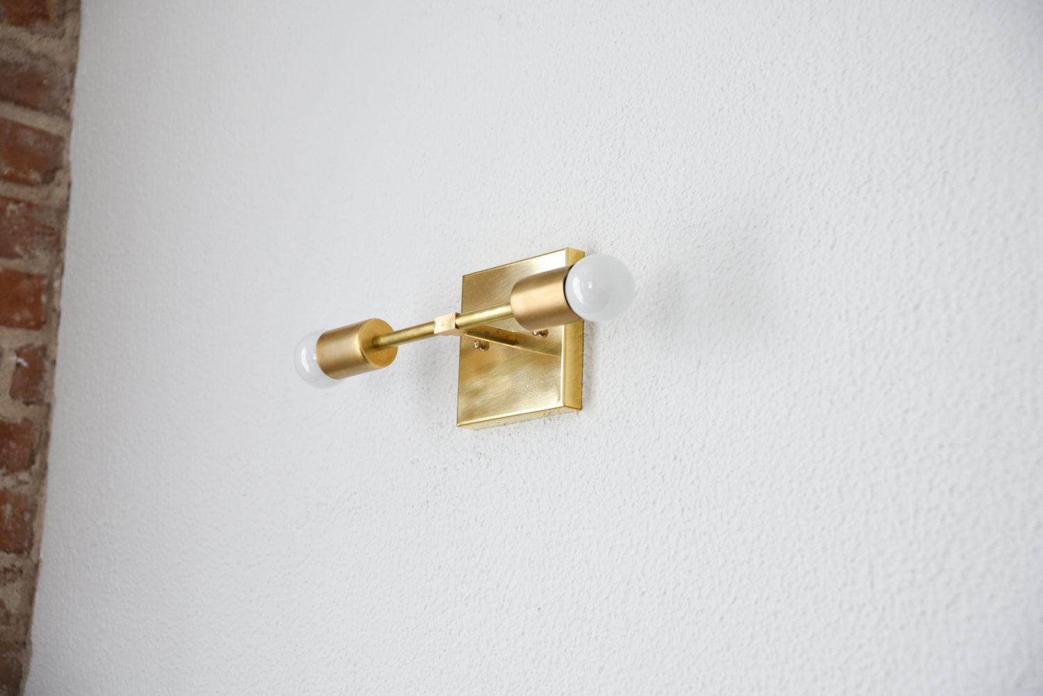 Modern Brass Wall Sconce Vanity Gold Brass 2 Bulb Square Sconce - Doozie Light Studio