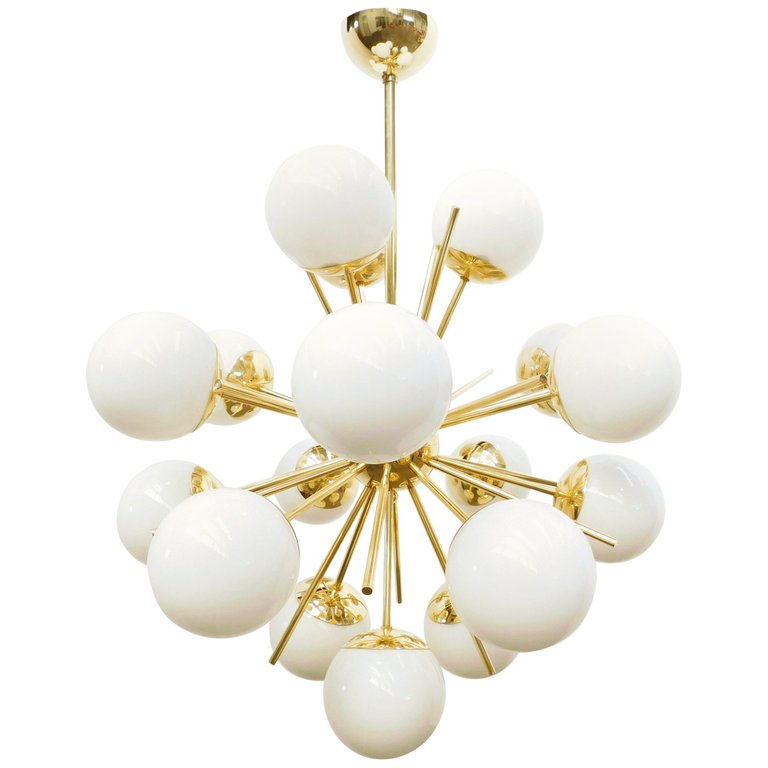 Modern Brass 18 Light Nova Sputnik White Globe Chandelier - Doozie Light Studio