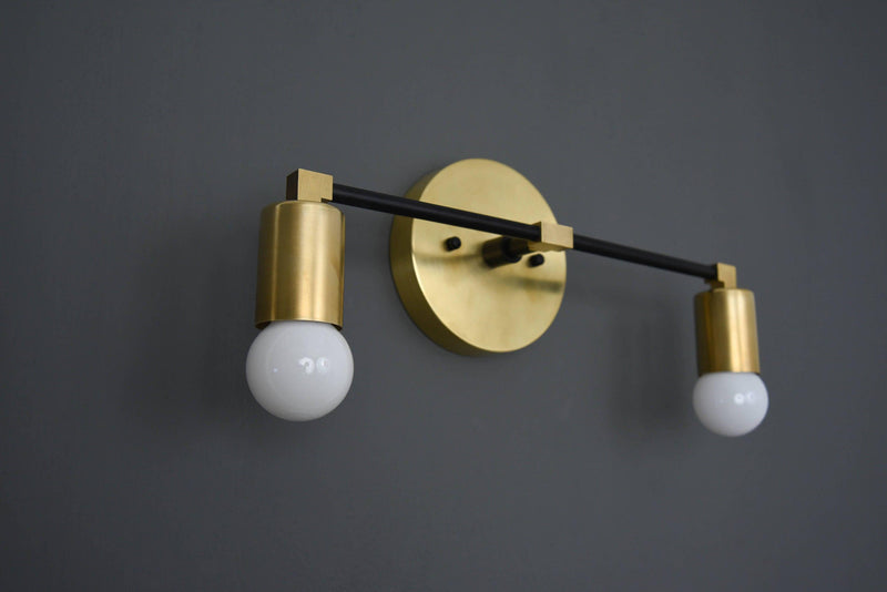 Modern Brass Wall Sconce Vanity Gold Brass 2 Bulb Round Sconce - Doozie Light Studio