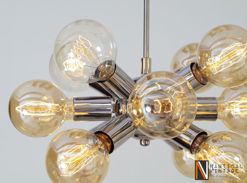 Industrial Vintage Chrome Brass Hanging Ceiling Sputnik Chandelier with 12 Arms - Doozie Light Studio