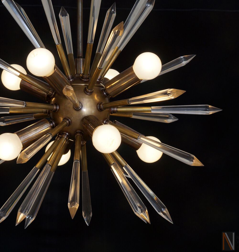 Mid century Modern Brass & Acrylic Crystal Rock Sputnik Chandelier Light Fixture - Doozie Light Studio