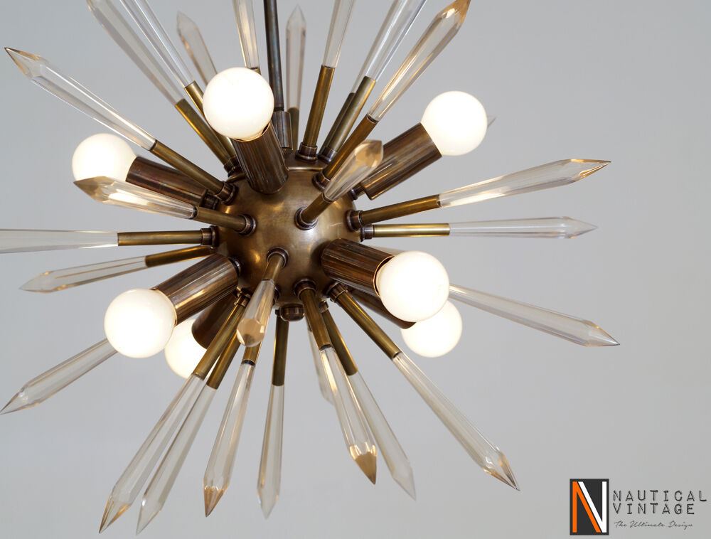 Mid century Modern Brass & Acrylic Crystal Rock Sputnik Chandelier Light Fixture - Doozie Light Studio