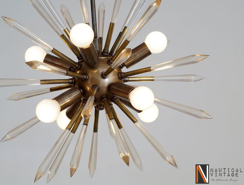 Mid century Modern Brass & Acrylic Crystal Rock Sputnik Chandelier Light Fixture