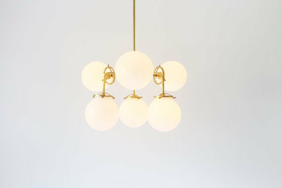 Modern Brass Chandelier Lighting Fixture, 6 White Glass Globes Chandelier - Doozie Light Studio