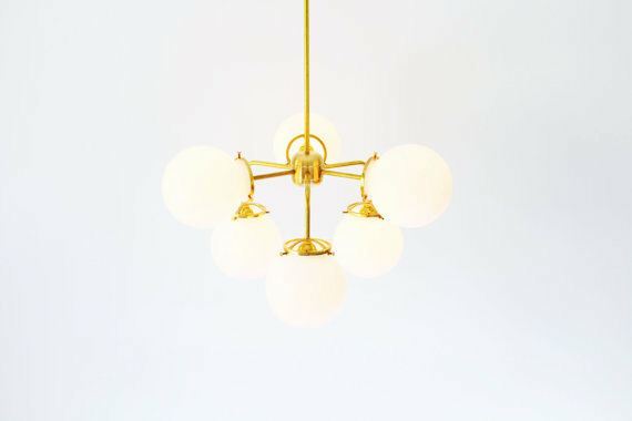 Modern Brass Chandelier Lighting Fixture, 6 White Glass Globes Chandelier - Doozie Light Studio