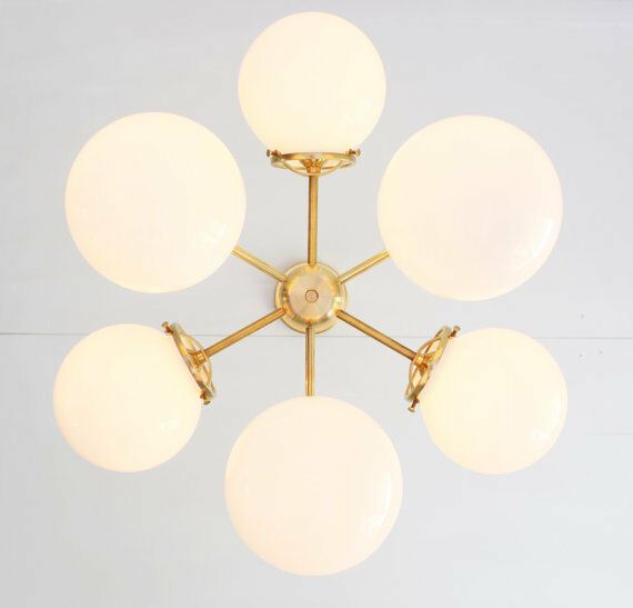 Modern Brass Chandelier Lighting Fixture, 6 White Glass Globes Chandelier
