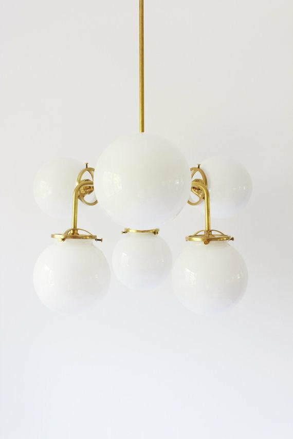 Modern Brass Chandelier Lighting Fixture, 6 White Glass Globes Chandelier