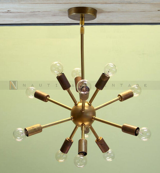 Modern Brass Mid Century 12 Arms Sputnik chandelier starburst light Fixture - Doozie Light Studio
