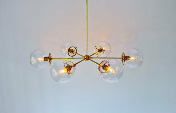 Modern Brass Globe Chandelier Lighting Fixture, 5 Clear Glass Globes Chandelier
