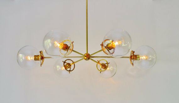 Modern Brass Globe Chandelier Lighting Fixture, 5 Clear Glass Globes Chandelier - Doozie Light Studio