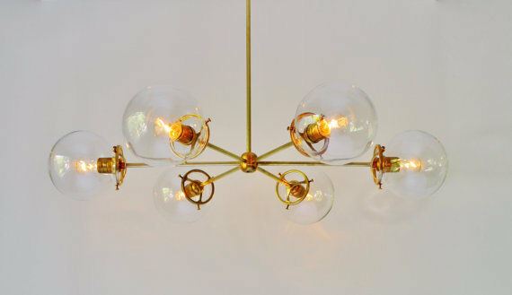 Modern Brass Globe Chandelier Lighting Fixture, 5 Clear Glass Globes Chandelier