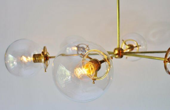 Modern Brass Globe Chandelier Lighting Fixture, 5 Clear Glass Globes Chandelier