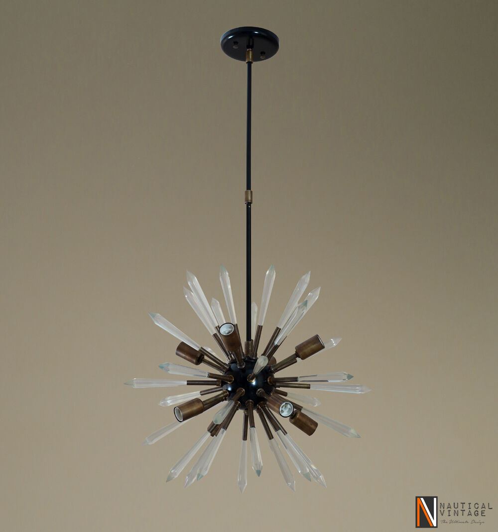 Modern Patina Brass & Acrylic Crystal Sputnik Chandelier Light Fixture - Doozie Light Studio