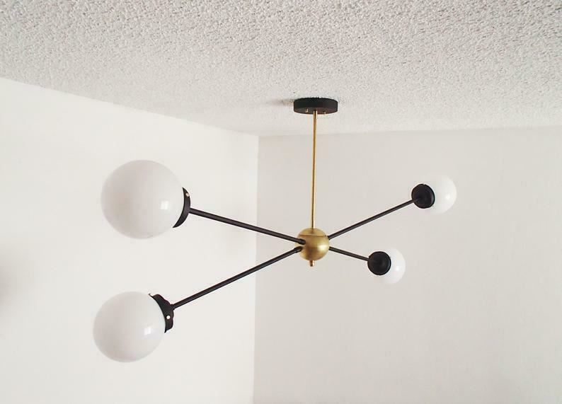 Brass Modern Pendant - Twin Glass Shades - Globe Orb - 4 Glass Globe Chandelier - Doozie Light Studio