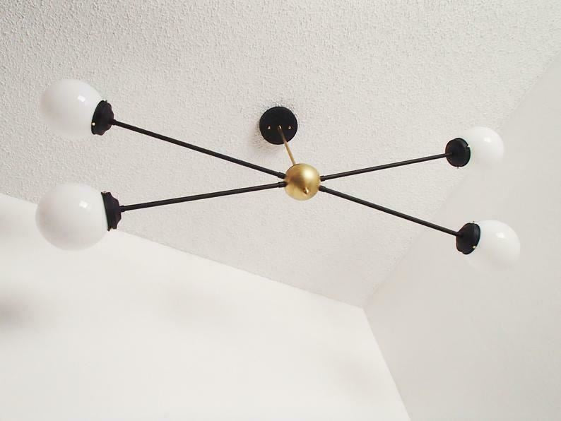 Brass Modern Pendant - Twin Glass Shades - Globe Orb - 4 Glass Globe Chandelier - Doozie Light Studio