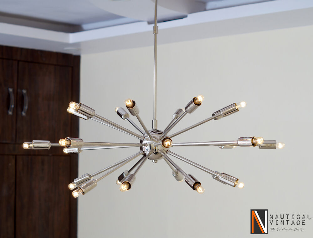 Mid Century Modern 24 Arm Chrome Brass Sputnik atomic chandelier starburst light - Doozie Light Studio