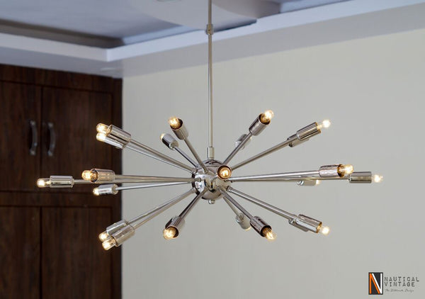 Mid Century Modern 24 Arm Chrome Brass Sputnik atomic chandelier starburst light
