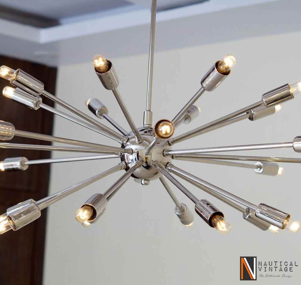 Mid Century Modern 24 Arm Chrome Brass Sputnik atomic chandelier starburst light - Doozie Light Studio