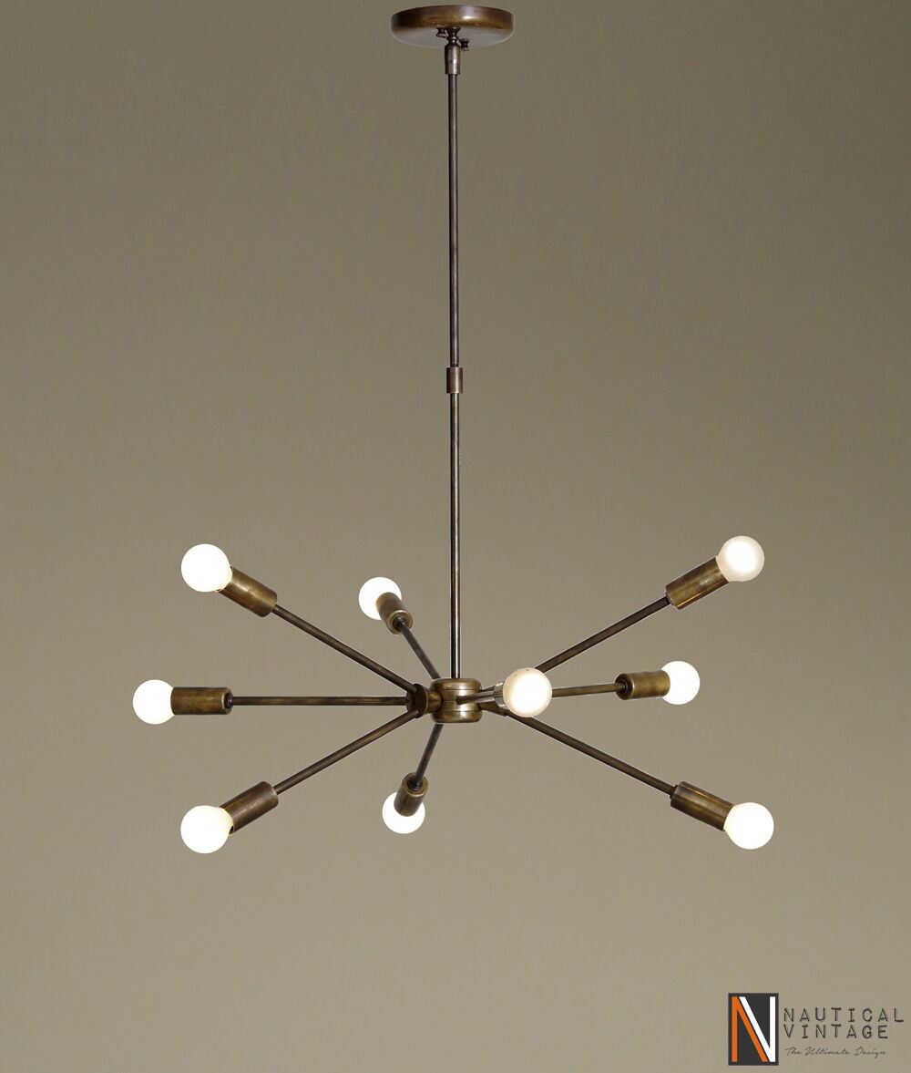 Mid century modern brass chandelier light - Industrial Hanging Light Fixture - Doozie Light Studio