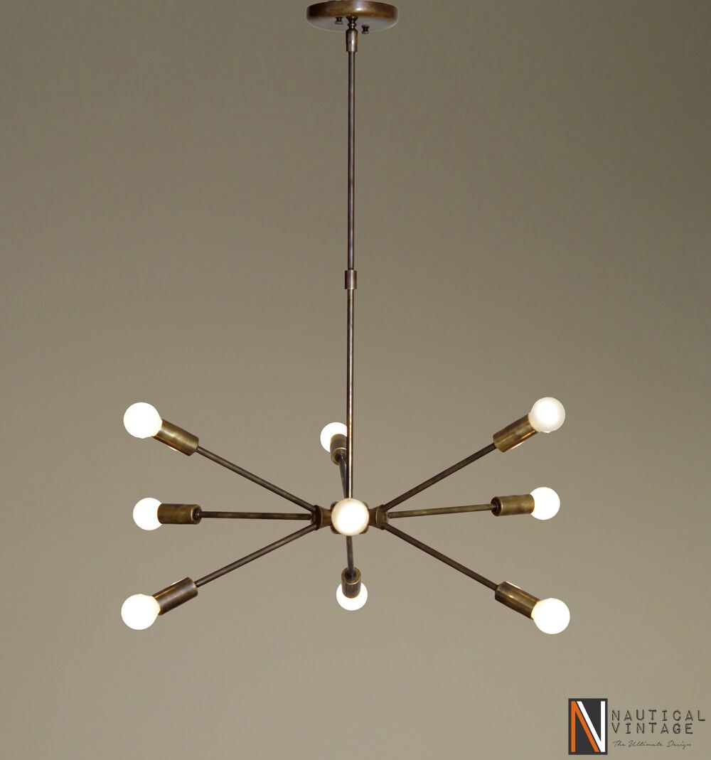 Mid century modern brass chandelier light - Industrial Hanging Light Fixture - Doozie Light Studio