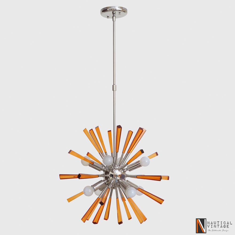 Modern Chrome Brass & Acrylic Crystal Rock Sputnik Chandelier Light Fixture - Doozie Light Studio
