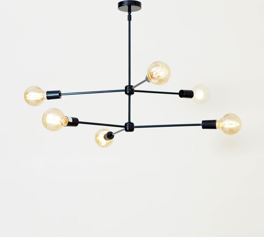 Mid century modern brass chandelier light fixture - 6 Arms Black Light Fixture - Doozie Light Studio