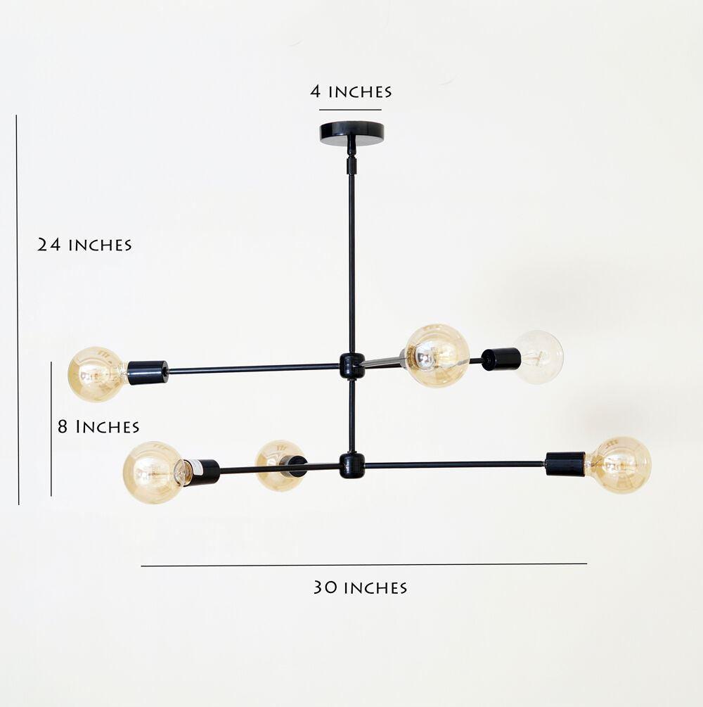 Mid century modern brass chandelier light fixture - 6 Arms Black Light Fixture - Doozie Light Studio
